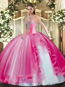 Floor Length Hot Pink Quince Ball Gowns Tulle Sleeveless Beading and Ruffles