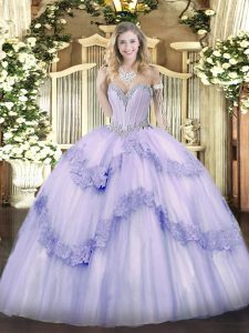 Shining Lavender Tulle Lace Up Sweetheart Sleeveless Floor Length Sweet 16 Dress Beading and Appliques