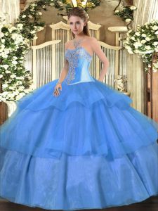 On Sale Baby Blue Quinceanera Dresses Military Ball and Sweet 16 and Quinceanera with Beading and Ruffled Layers Sweetheart Sleeveless Lace Up
