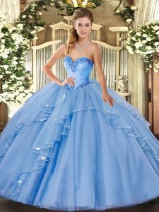 Sleeveless Floor Length Beading and Ruffles Lace Up Vestidos de Quinceanera with Blue
