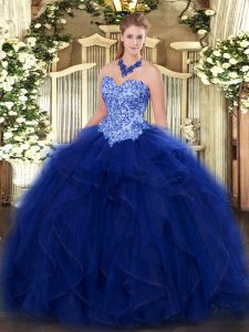 Glittering Blue Ball Gowns Sweetheart Sleeveless Organza Floor Length Lace Up Appliques and Ruffles Ball Gown Prom Dress