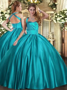 Spectacular Teal Sleeveless Satin Lace Up 15th Birthday Dress for Military Ball and Sweet 16 and Quinceanera
