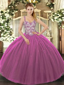 Attractive Straps Sleeveless Lace Up Ball Gown Prom Dress Purple Tulle