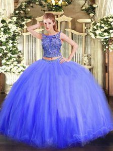 Custom Design Blue Scoop Lace Up Beading Sweet 16 Dresses Sleeveless