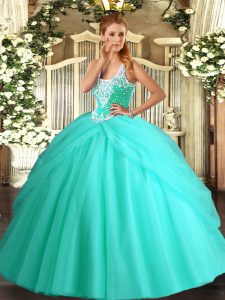Pretty Apple Green Ball Gowns Beading and Pick Ups 15 Quinceanera Dress Lace Up Tulle Sleeveless Floor Length