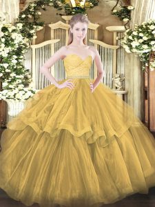High Class Sleeveless Beading and Lace and Ruffled Layers Zipper Quinceanera Dress with Gold Brush Train