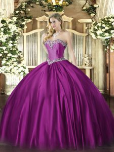 Fuchsia Sweetheart Lace Up Beading Quinceanera Gown Sleeveless