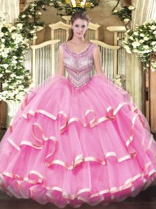 Sleeveless Floor Length Beading and Ruffles Lace Up Sweet 16 Quinceanera Dress with Lilac