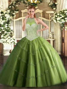 Olive Green Tulle Lace Up Quinceanera Dresses Sleeveless Floor Length Beading and Appliques