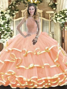 Flare Floor Length Peach Vestidos de Quinceanera High-neck Sleeveless Lace Up