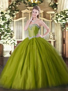 Shining Sweetheart Sleeveless Lace Up Quinceanera Dress Olive Green Tulle