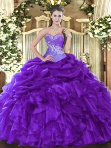 Fashion Purple Quinceanera Dress Military Ball and Sweet 16 and Quinceanera with Beading and Ruffles and Pick Ups Sweetheart Sleeveless Lace Up