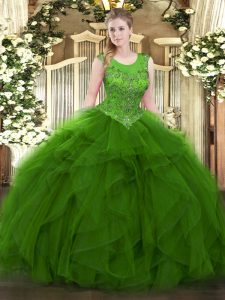 Chic Green Ball Gowns Organza Scoop Sleeveless Beading and Ruffles Floor Length Zipper Ball Gown Prom Dress