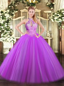 Custom Made Sleeveless Tulle Floor Length Lace Up Sweet 16 Dress in Purple with Sequins