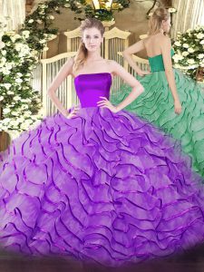 Tulle Strapless Sleeveless Brush Train Zipper Ruffles 15th Birthday Dress in Eggplant Purple