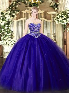 Blue Ball Gowns Sweetheart Sleeveless Tulle Floor Length Lace Up Beading 15 Quinceanera Dress