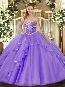 Lavender Ball Gowns Sweetheart Sleeveless Tulle Floor Length Lace Up Beading and Ruffles Quinceanera Dress