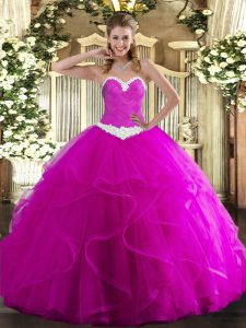 Shining Ball Gowns Quinceanera Gowns Fuchsia Sweetheart Tulle Sleeveless Floor Length Lace Up