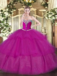 Best Fuchsia Sleeveless Tulle Lace Up Quince Ball Gowns for Military Ball and Sweet 16 and Quinceanera