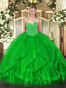 Sleeveless Organza Floor Length Lace Up Quince Ball Gowns in Green with Beading and Ruffles