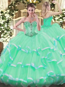 Custom Design Apple Green Ball Gowns Beading and Ruffles Quinceanera Gowns Lace Up Organza Sleeveless Floor Length