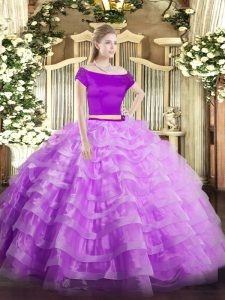 Floor Length Zipper Vestidos de Quinceanera Lilac for Military Ball and Sweet 16 and Quinceanera with Appliques and Ruffled Layers