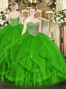 Delicate Tulle Sleeveless Floor Length 15th Birthday Dress and Beading and Ruffles
