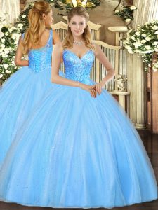 Floor Length Aqua Blue Quinceanera Dress V-neck Sleeveless Lace Up