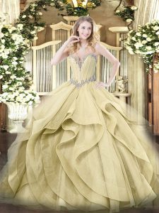 Decent Beading and Ruffles Quince Ball Gowns Yellow Lace Up Sleeveless Floor Length