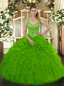 Free and Easy Green Organza Zipper 15 Quinceanera Dress Sleeveless Floor Length Beading and Ruffles