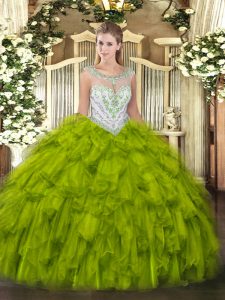 Olive Green Tulle Zipper Quinceanera Gown Sleeveless Floor Length Beading and Ruffles