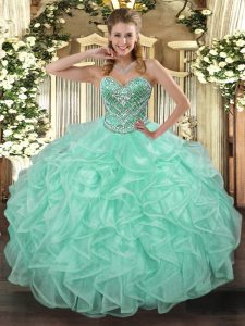 Flirting Apple Green Tulle Lace Up 15th Birthday Dress Sleeveless Floor Length Beading and Ruffles