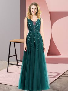 Low Price Turquoise Backless Square Beading and Appliques Prom Gown Tulle Sleeveless