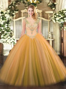 V-neck Sleeveless Tulle Quince Ball Gowns Beading Lace Up