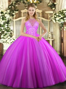 Exquisite Fuchsia Sleeveless Floor Length Beading Lace Up Quinceanera Dress