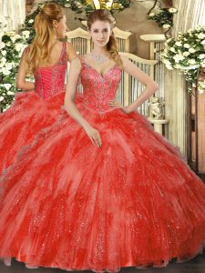 Beading and Ruffles Quinceanera Dresses Red Lace Up Sleeveless Floor Length