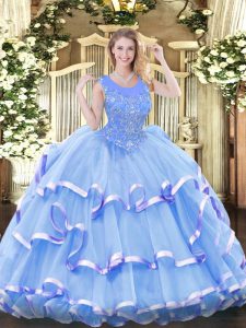 Fancy Organza Sleeveless Floor Length Quince Ball Gowns and Beading and Ruffled Layers