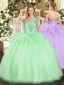 Sleeveless Tulle Floor Length Lace Up Vestidos de Quinceanera in Apple Green with Beading