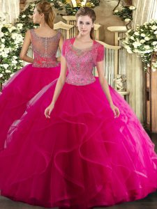 Lovely Tulle Sleeveless Floor Length 15th Birthday Dress and Beading and Ruffled Layers