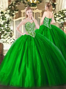Floor Length Lace Up 15th Birthday Dress Green for Military Ball and Sweet 16 and Quinceanera with Beading