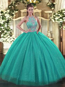 Beautiful Floor Length Lace Up 15th Birthday Dress Turquoise for Military Ball and Sweet 16 and Quinceanera with Beading