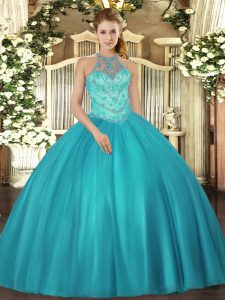 Admirable Teal Sleeveless Satin Lace Up 15 Quinceanera Dress for Military Ball and Sweet 16 and Quinceanera