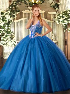 Floor Length Lace Up Quinceanera Gown Blue for Military Ball and Sweet 16 and Quinceanera with Beading