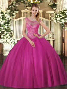 Delicate Fuchsia Ball Gowns Beading 15 Quinceanera Dress Lace Up Tulle Sleeveless Floor Length