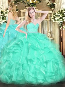 Turquoise Zipper Sweetheart Beading and Lace and Ruffles Vestidos de Quinceanera Organza Sleeveless