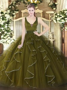 Olive Green Tulle Zipper Quinceanera Dresses Sleeveless Floor Length Beading and Ruffles