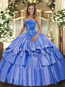 Organza and Taffeta Strapless Sleeveless Lace Up Beading and Ruffled Layers Quinceanera Dress in Blue