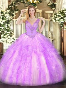 Spectacular Floor Length Lace Up Quinceanera Gowns Lilac for Military Ball and Sweet 16 and Quinceanera with Beading and Ruffles