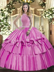 Excellent Lilac Ball Gowns Organza and Taffeta High-neck Sleeveless Beading and Ruffled Layers Floor Length Lace Up 15 Quinceanera Dress