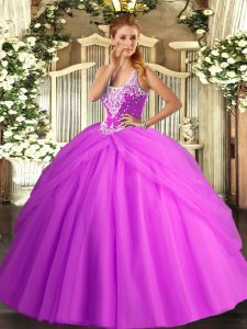 Lilac Sleeveless Floor Length Beading and Pick Ups Lace Up Ball Gown Prom Dress